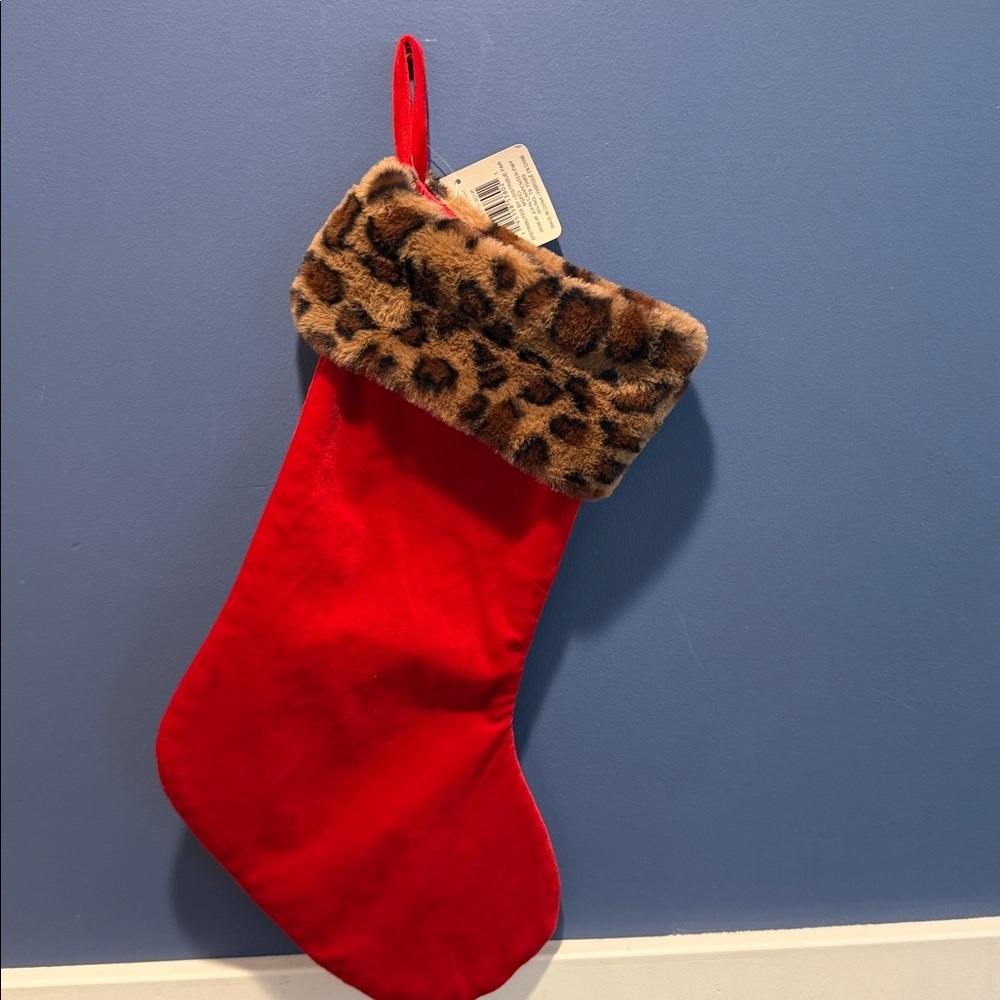 Ashland Red "Cheetah" Christmas Stocking 17 Inch red with brown leopard print